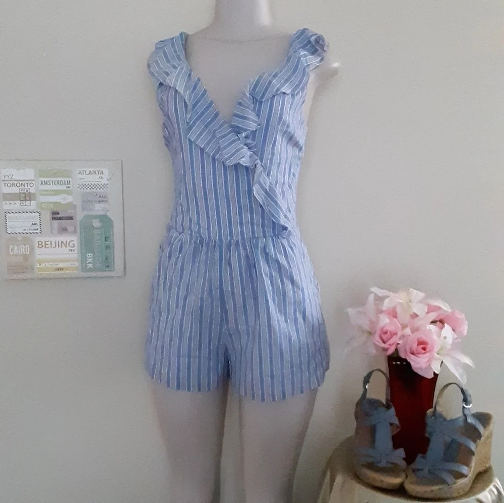 Blue White Striped Romper Medium - Picture 2 of 6